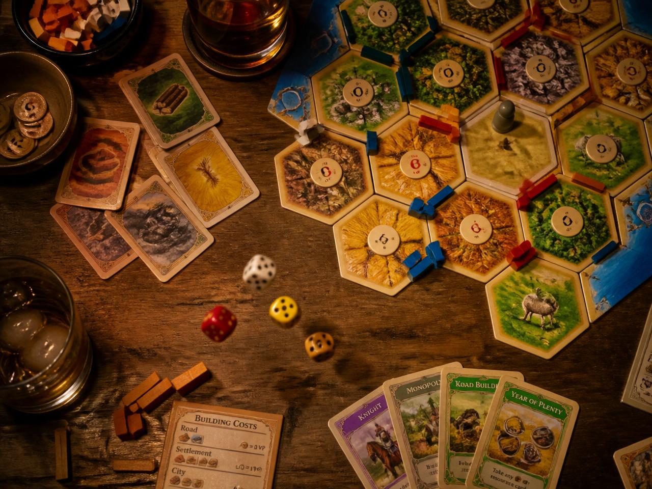 Board game pieces on a warm wooden table